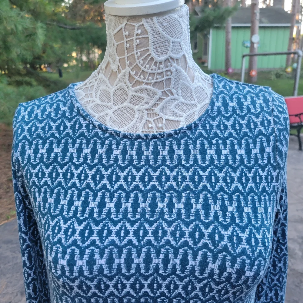 Old Navy Blue and White Patterned Long-Sleeve Swing Dress